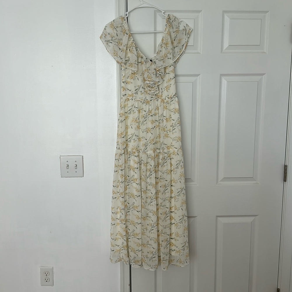 White and yellow floral print dress with ruffled sleeves